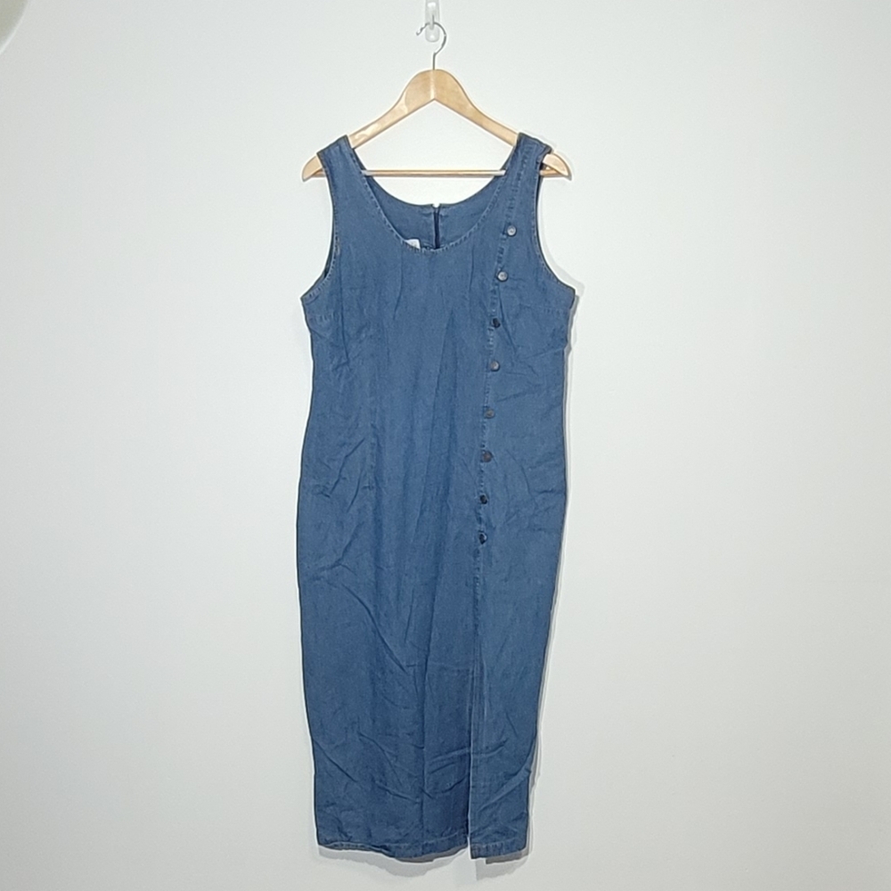 Vintage Blue Denim Jean Dress 100% Cotton Off Side Buttons Details Zipper Back